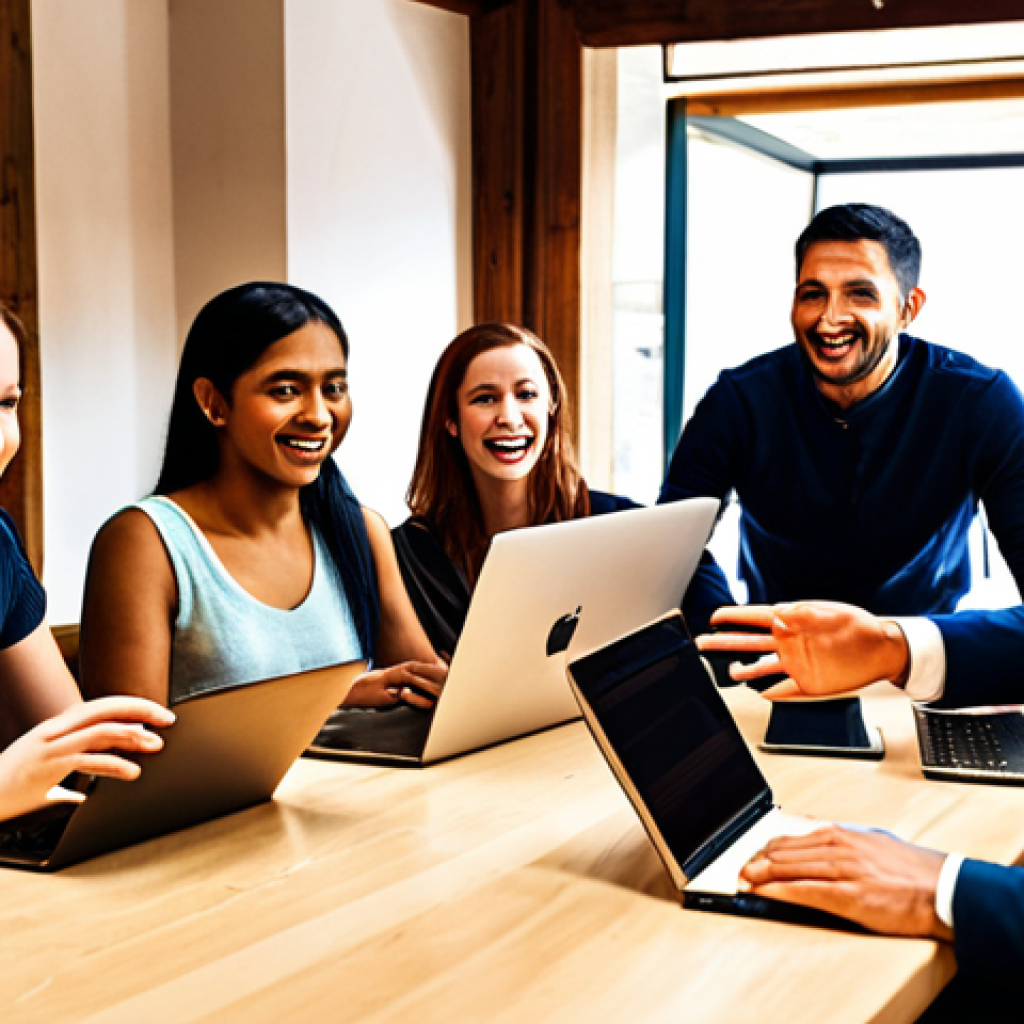 **

Diverse group of people gathered around a table, engaged in lively conversation. Some are using laptops and tablets, while others are gesturing and smiling. Background shows a blend of traditional and modern architecture, symbolizing the intersection of cultures. Emphasis on warm lighting and a sense of community. Focus: Positive intercultural dialogue and active listening.

**
