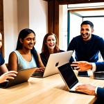 **

Diverse group of people gathered around a table, engaged in lively conversation. Some are using laptops and tablets, while others are gesturing and smiling. Background shows a blend of traditional and modern architecture, symbolizing the intersection of cultures. Emphasis on warm lighting and a sense of community. Focus: Positive intercultural dialogue and active listening.

**