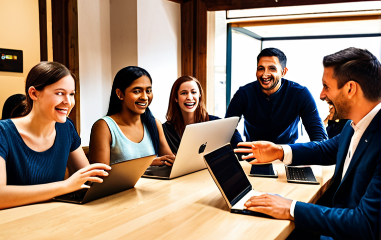 **
Diverse group of people gathered around a table, engaged in lively conversation. Some are using laptops and tablets, while others are gesturing and smiling. Background shows a blend of traditional and modern architecture, symbolizing the intersection of cultures. Emphasis on warm lighting and a sense of community. Focus: Positive intercultural dialogue and active listening.
**