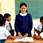 A diverse group of elementary school children, fully clothed in modest, professional dress, engaged in an interactive cultural education class. They are surrounded by traditional artifacts, such as calligraphic art and folk instruments, subtly integrated into a modern, bright classroom setting. A female teacher, also in professional dress, stands beside them, guiding their learning with a gentle smile. The children are actively participating, some sketching traditional patterns, others listening intently to a story being read from an old book. The scene emphasizes learning, heritage, and the passing down of values. Perfect anatomy, correct proportions, natural pose, well-formed hands, proper finger count, natural body proportions. Safe for work, appropriate content, fully clothed, professional, family-friendly. High-quality professional photography, vibrant colors, clear focus.