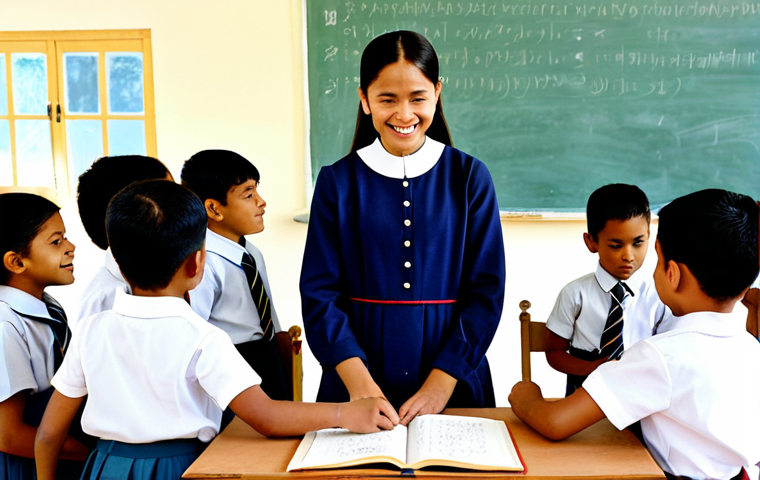A diverse group of elementary school children, fully clothed in modest, professional dress, engaged in an interactive cultural education class. They are surrounded by traditional artifacts, such as calligraphic art and folk instruments, subtly integrated into a modern, bright classroom setting. A female teacher, also in professional dress, stands beside them, guiding their learning with a gentle smile. The children are actively participating, some sketching traditional patterns, others listening intently to a story being read from an old book. The scene emphasizes learning, heritage, and the passing down of values. Perfect anatomy, correct proportions, natural pose, well-formed hands, proper finger count, natural body proportions. Safe for work, appropriate content, fully clothed, professional, family-friendly. High-quality professional photography, vibrant colors, clear focus.