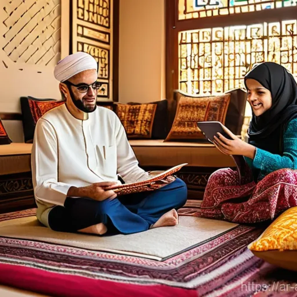 기술 발전과 문화적 영향 - **The Digital Divide in the Majlis**

    **Prompt:** A warm, inviting traditional Arab living room ...