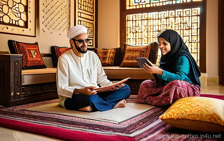 기술 발전과 문화적 영향 - **The Digital Divide in the Majlis**

    **Prompt:** A warm, inviting traditional Arab living room ...