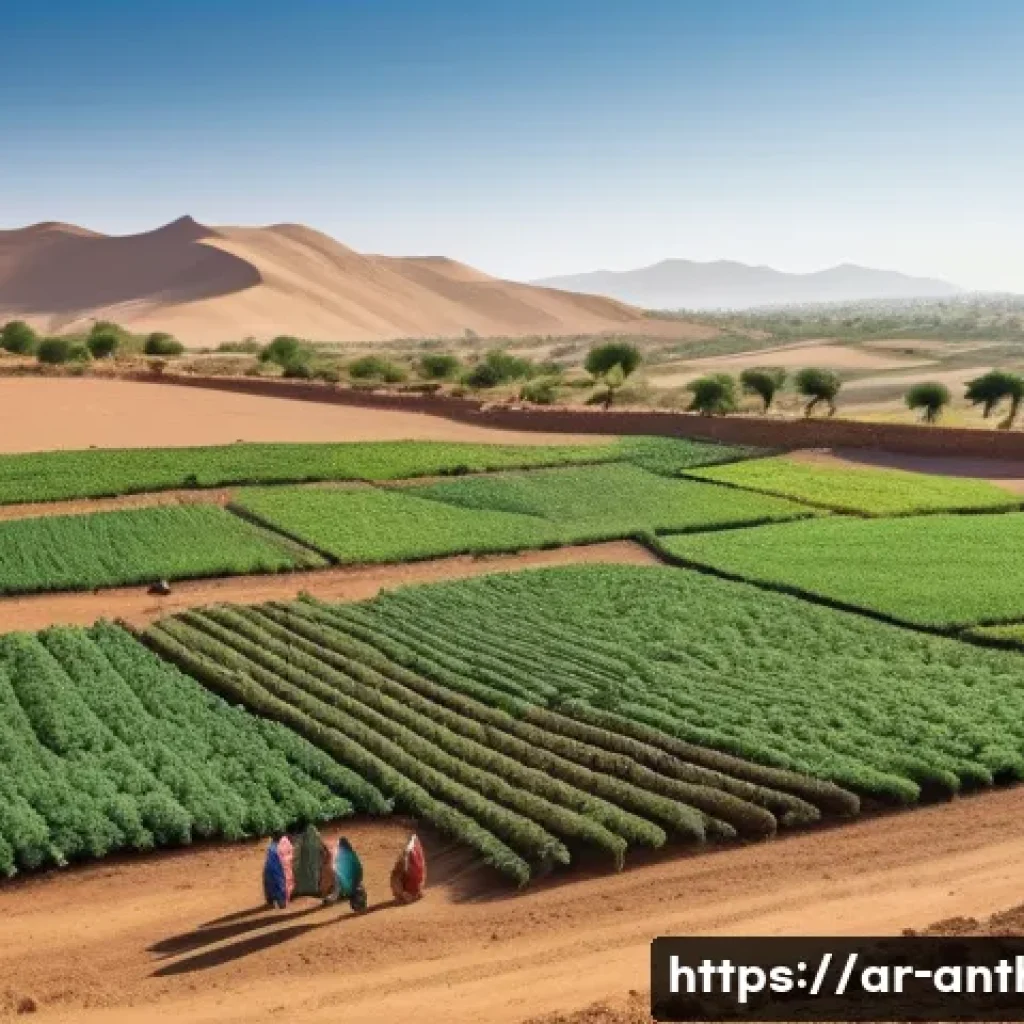 기후변화와 문화적 적응 - A vibrant North African rural farm scene depicting local farmers cultivating drought-resistant crops...