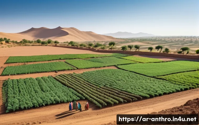 기후변화와 문화적 적응 - A vibrant North African rural farm scene depicting local farmers cultivating drought-resistant crops...