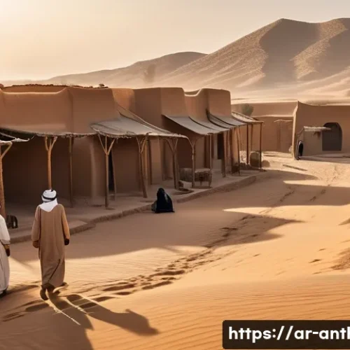 환경적 영향과 문화 - A traditional Arabian desert village scene during early morning, showcasing mud-brick and stone hous...