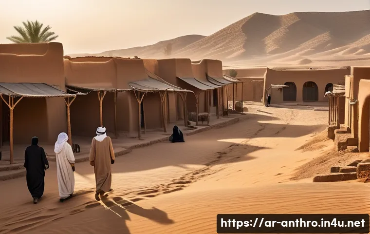 환경적 영향과 문화 - A traditional Arabian desert village scene during early morning, showcasing mud-brick and stone hous...