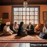 문화적 정체성과 사회적 관계 - A warm, intimate family gathering scene in a traditional Middle Eastern home, with multiple generati...