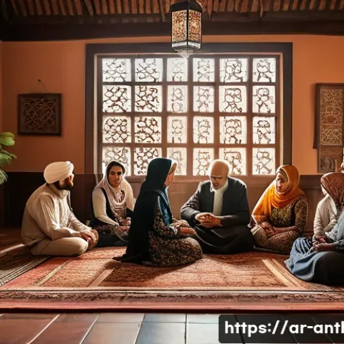 문화적 정체성과 사회적 관계 - A warm, intimate family gathering scene in a traditional Middle Eastern home, with multiple generati...