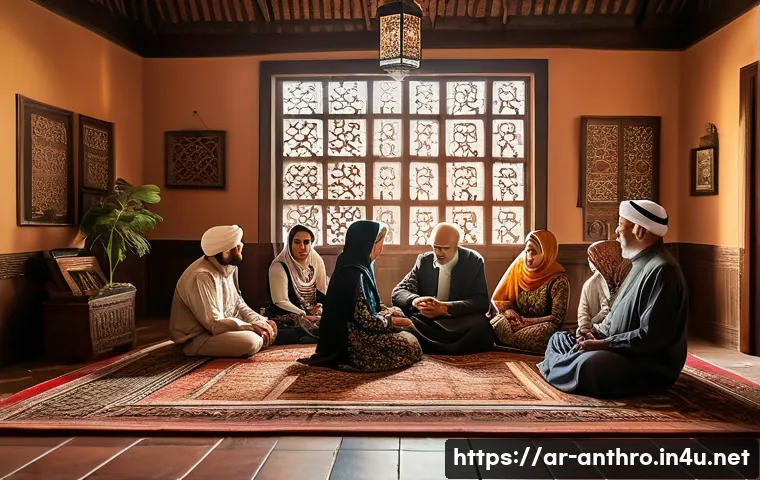 문화적 정체성과 사회적 관계 - A warm, intimate family gathering scene in a traditional Middle Eastern home, with multiple generati...