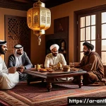 문화적 지속가능성 - A warm, intimate family gathering around a traditional Arabic dining table set indoors, with three g...