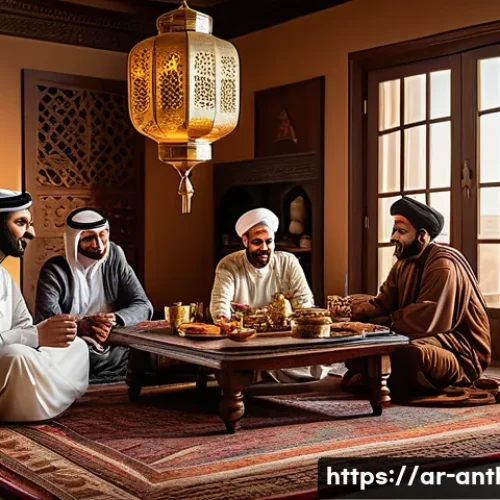 문화적 지속가능성 - A warm, intimate family gathering around a traditional Arabic dining table set indoors, with three g...