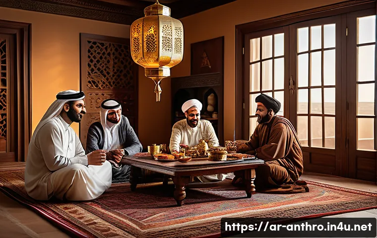 문화적 지속가능성 - A warm, intimate family gathering around a traditional Arabic dining table set indoors, with three g...