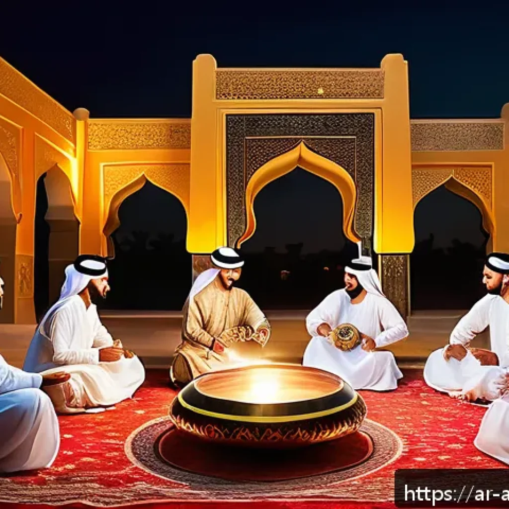 문화인류학 공통 과목 - A vibrant traditional Arabic wedding celebration scene set in a large courtyard decorated with color...