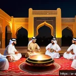 문화인류학 공통 과목 - A vibrant traditional Arabic wedding celebration scene set in a large courtyard decorated with color...