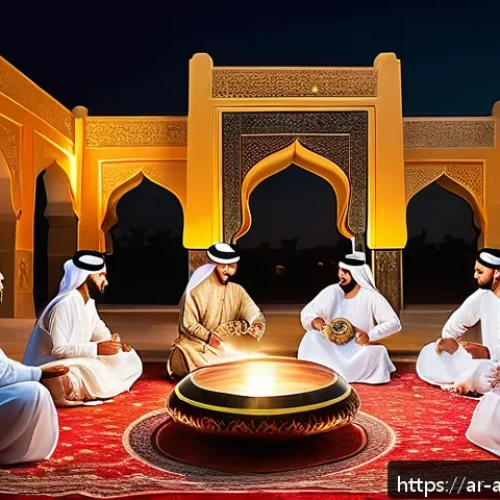 문화인류학 공통 과목 - A vibrant traditional Arabic wedding celebration scene set in a large courtyard decorated with color...