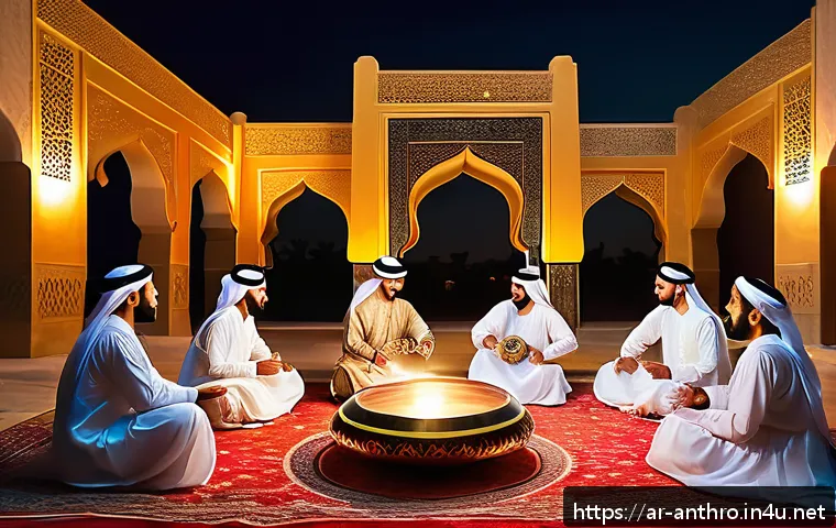 문화인류학 공통 과목 - A vibrant traditional Arabic wedding celebration scene set in a large courtyard decorated with color...