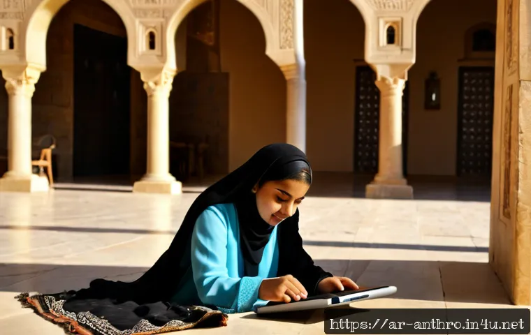 문화적 전통의 변화 - Photorealistic multi-generational Arab family in a sunlit courtyard, grandmother in elegant traditio...
