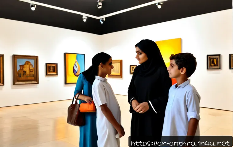 문화적 소비 - Photorealistic Arab family exploring a contemporary art gallery in a modern Middle Eastern city, par...