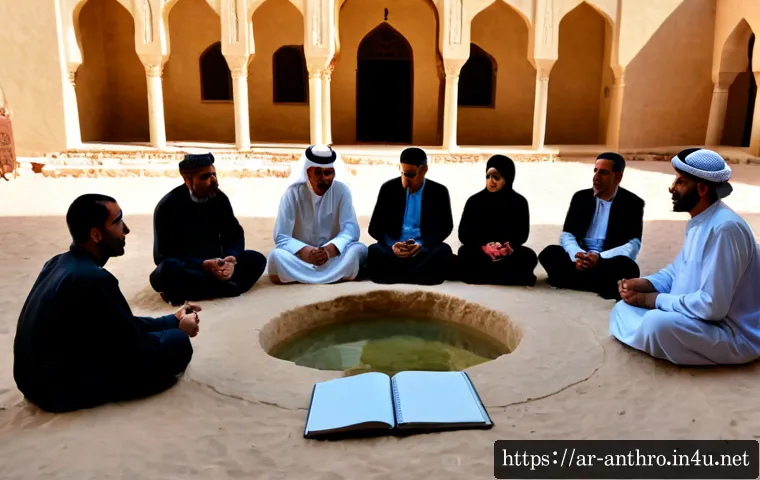 문화 인류학과 정치학 - Photorealistic cultural anthropology and politics scene in a traditional Arab desert town courtyard,...