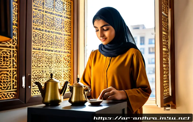 Home 17 문화적 적응 - Photorealistic lifestyle scene of a young Arab professional in modest modern clothing settling into ...